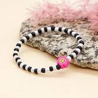 fashion bohemian style black and white acrylic round beads bracelet soft pottery pink flower smiley face womens jewelry gifts
