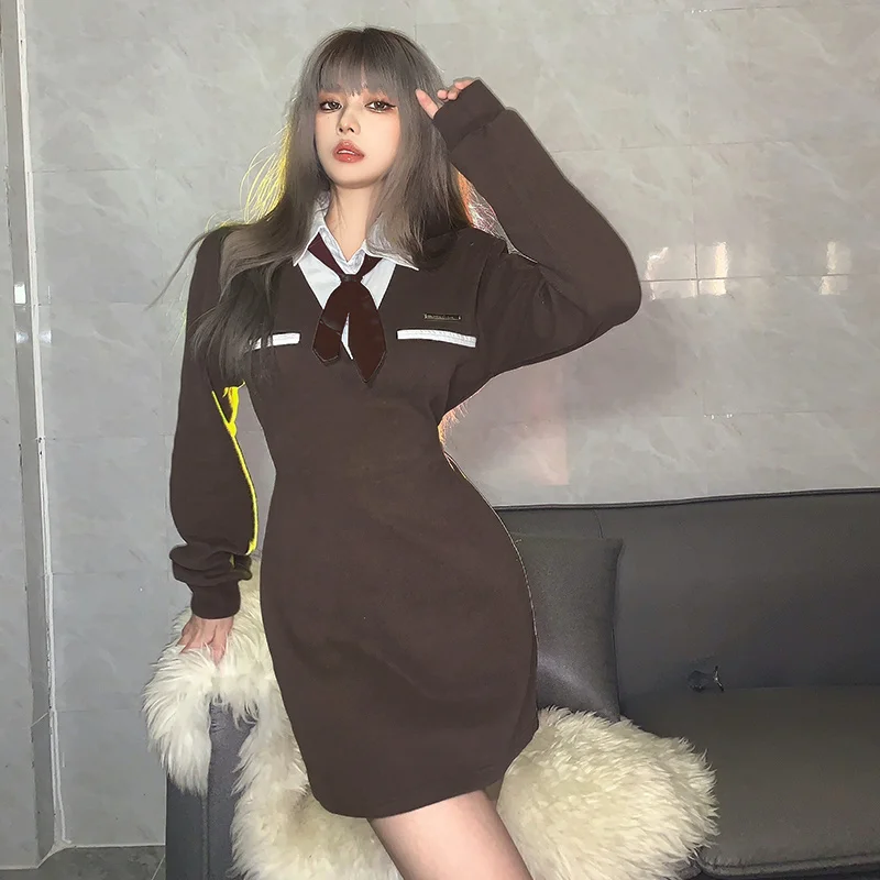 Платье XUXI с воротником-поло имитация двух платьев длинным рукавом Женская