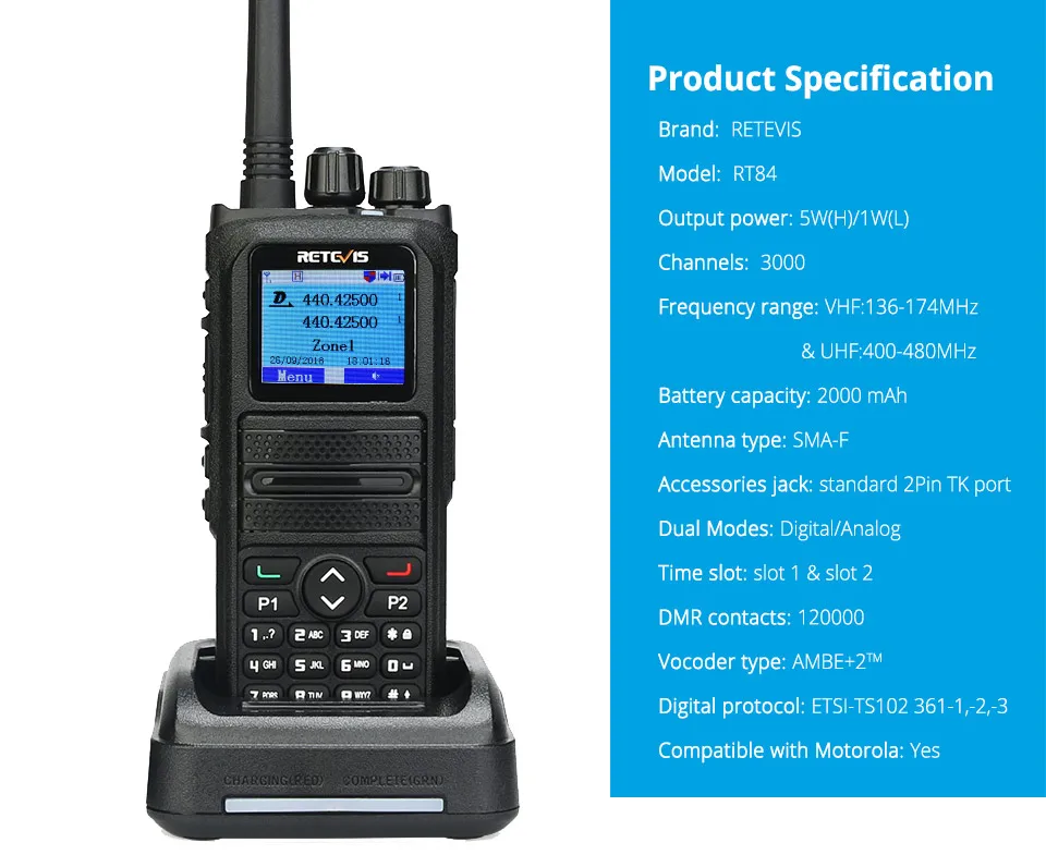 Retevis 5 Вт RT84 DMR цифровой/аналоговый двухдиапазонный радиоприемник 3000CH портативный любительский радиоприемопередатчик+ кабель для программирования
