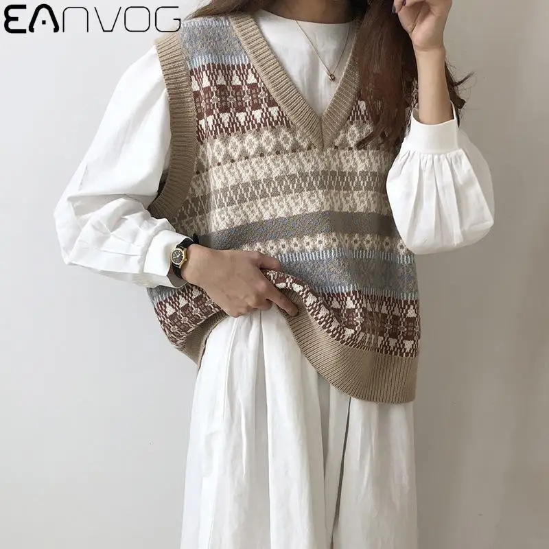

Women Loose Knitted Vest Sweater V Neck Sleeveless Chic Tops Thick Vintage Sweater Suits Female Waistcoat Autumn Spring Clothing
