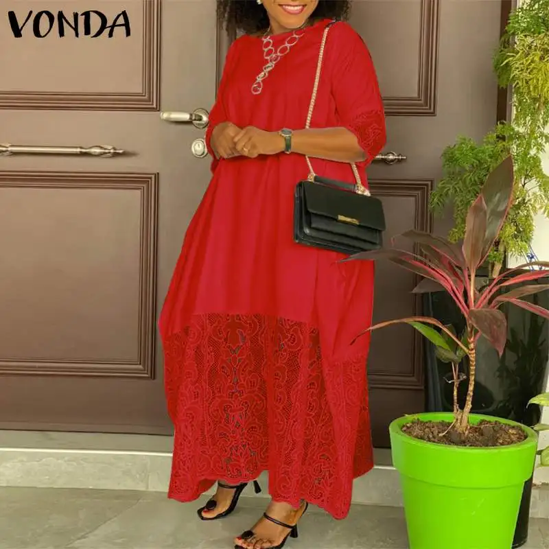 

Autumn Maxi Dress 2021 Women Sexy Half Sleeve Lace Patchwork Dresses VONDA Ladies Bohemian Holiday Vestidos Oversized Robe Femme