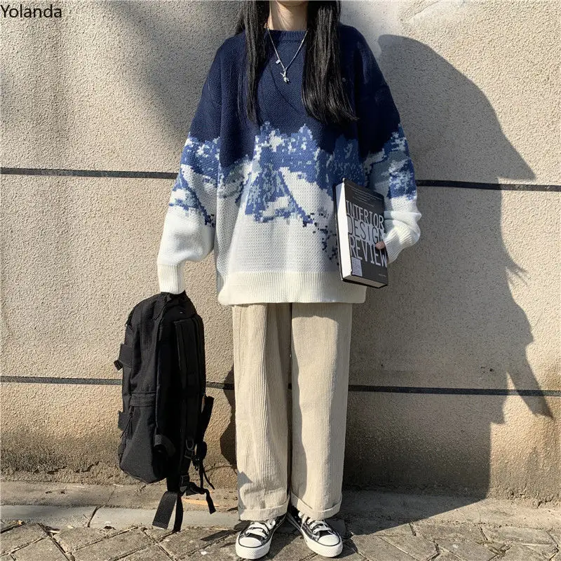 

Women's Blue Retail Sweater, Loose Casual Sweater, Overall Collocation, Korean Style, Soft and Warm