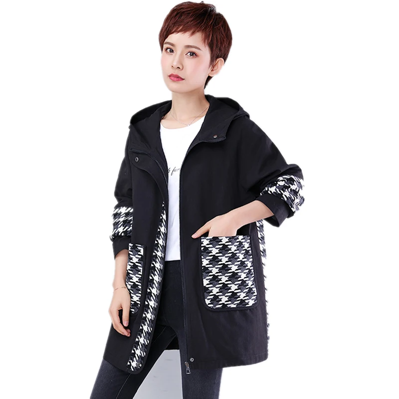 тренч черный женский с капюшоном свободное пальто коричневое в клетку плащ весна