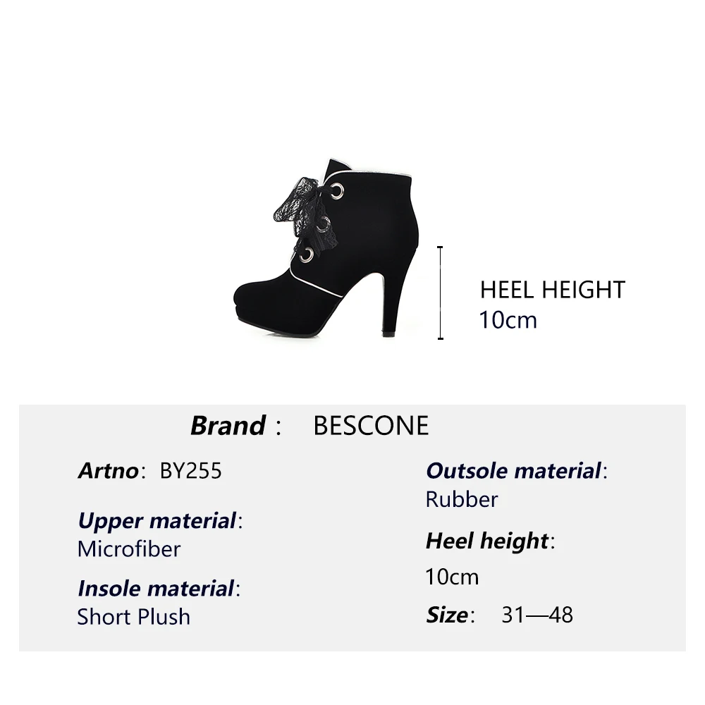 

BESCONE Ladies Ankle Boots Comfortable Round Toe Outside Black Microfiber Thin Heel Shoes Women Winter Warm Zipper Boots BM255