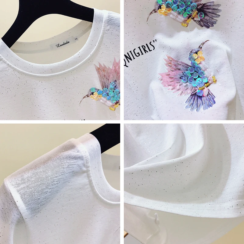 

Summer pure manual glitter BLING joker letters printing ice silk knitted T-shirt with short sleeves web celebrity female clothes
