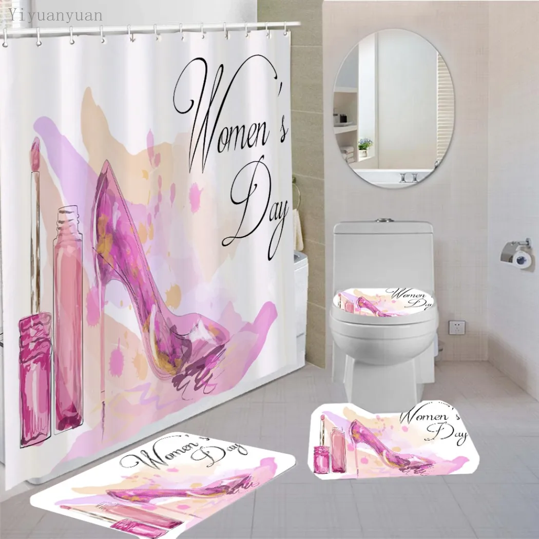 Comprare Set Di Tende Da Doccia Con Tacco Alto Rosso Cosmetici Rossetto Stampa Tappetino Da Bagno Tappeto Con Piedistallo Copriwater Tende Da Bagno Con Ganci