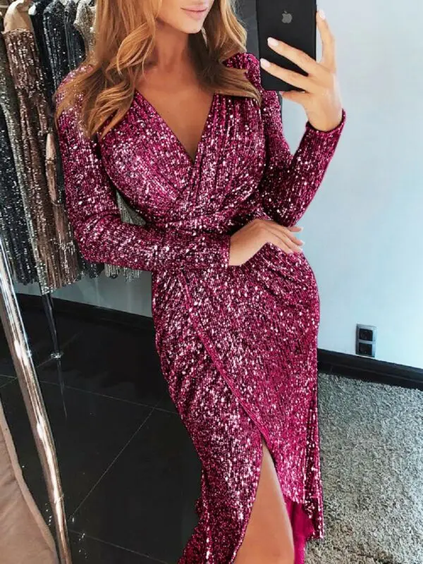 Women Glitter Sequined Dresses Long Sleeve Split Dress Deep V Neck Elegant Evening Club Party Bodycon Slim 3Colors | Женская одежда
