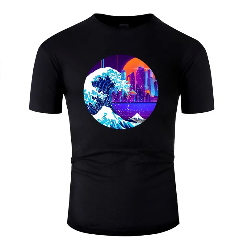 

New Style Synthwave Space: The Great Wave Off Kanagawa Tshirt Men Natural Women T Shirts O Neck Male