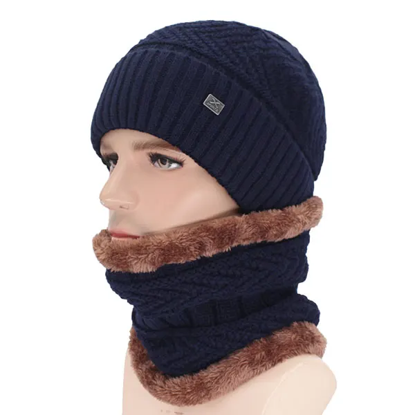 navy set Бренд Skullies Beanies мужские зимние шапки для мужчин шарф вязаная шапка Кепка, зимняя шапка Beany мужская Homme X Gorro береты-кепки - Цвет: navy set