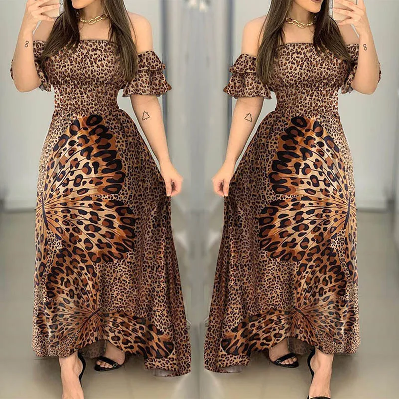 

Elegant Leopard Butterfly Printed Long Dress For Women Off Shoulder Ruffled Sleeve Sexy High Waist Ladies Maxi Dress Summer 2020