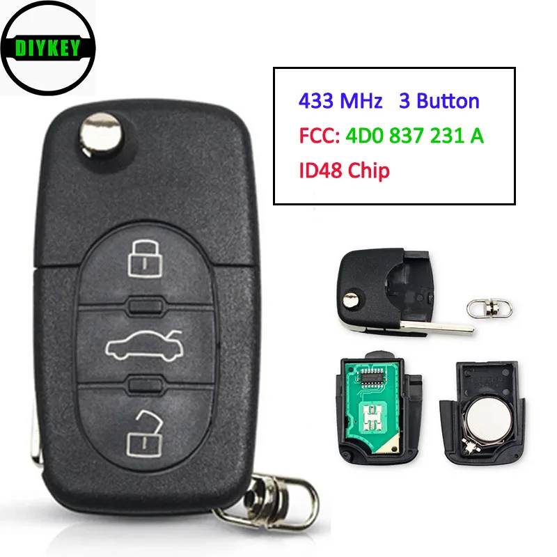 Ключ автомобильный 433 МГц с 3 кнопками для AUDI 4D0837231A 4D0 837 231 A Flip Fold ID48 Chip A3 A4 A6 A8