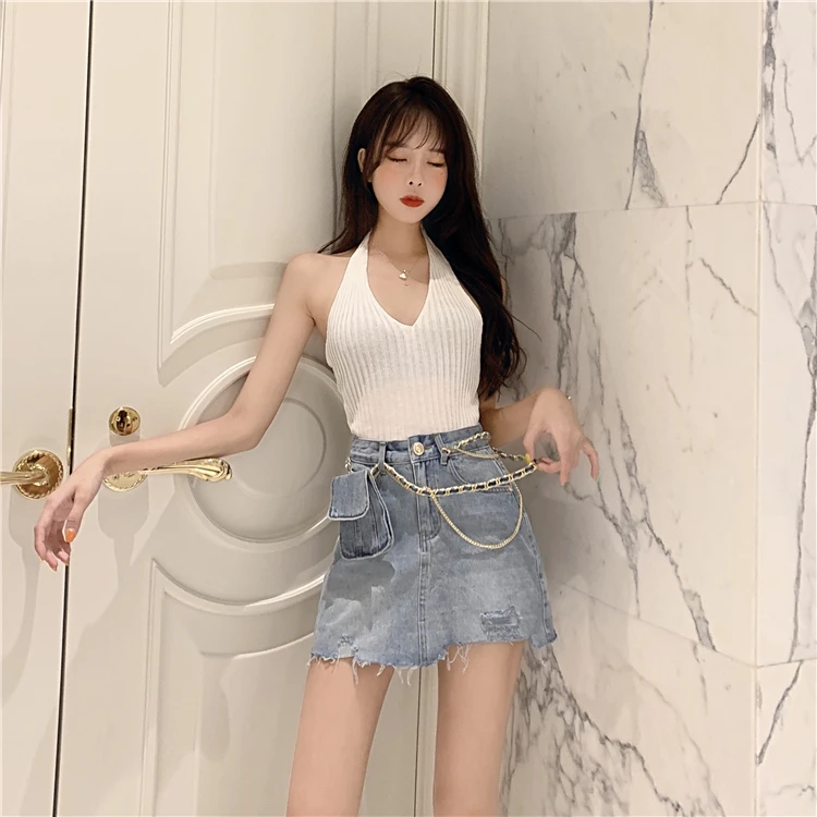 

2020 summer fashion chain belt bag design high waist A-line short skirt Korean temperament jeans skirt