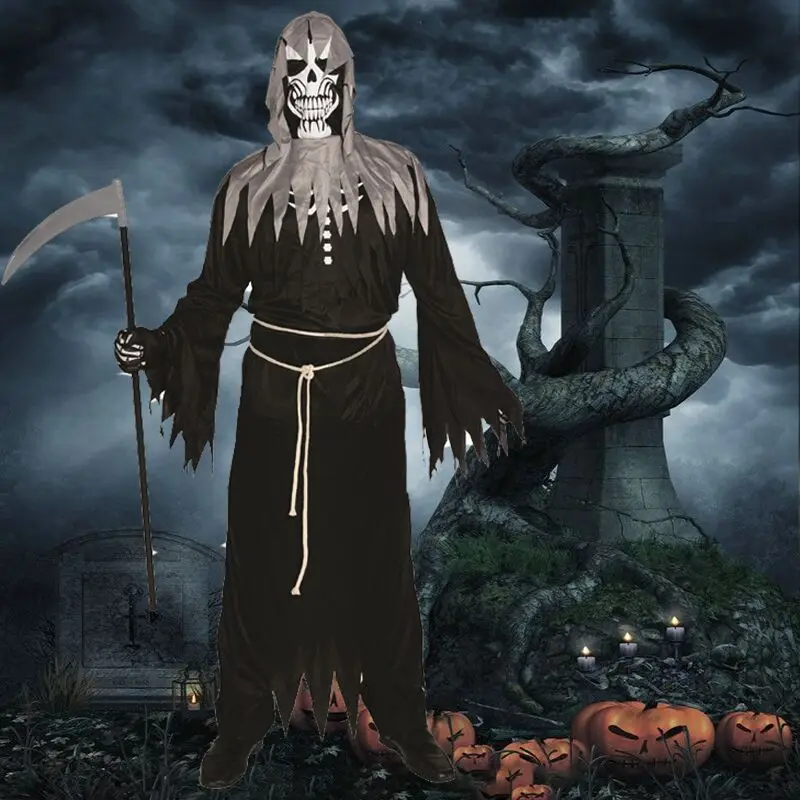 

Grim Reaper Costume For Men Role Play Scary Skeleton Robe Cosplay Balck Horror Skull Bone For Halloween Purim Party