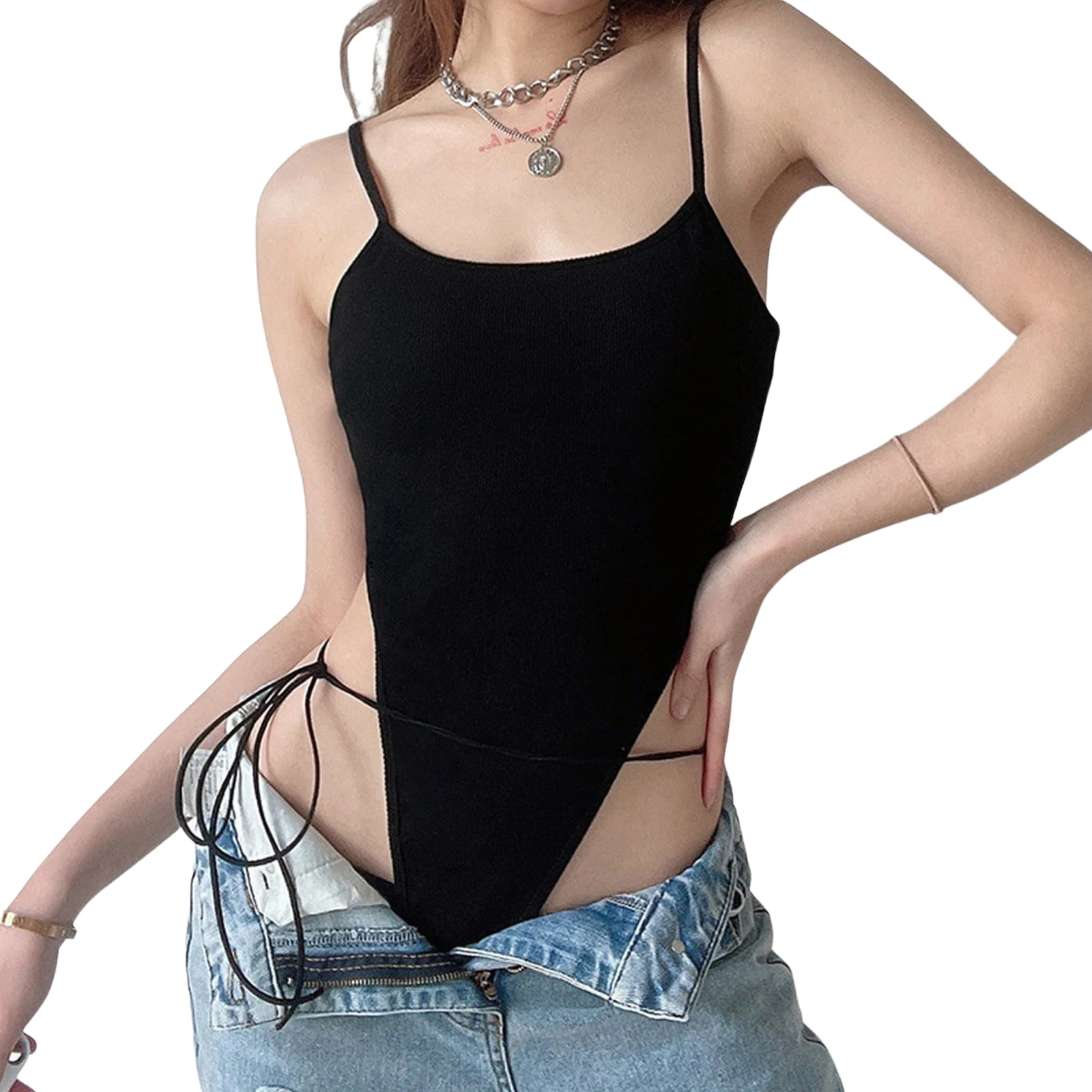 

Women Summer Bodysuit, Solid Color Ribbed Spaghetti Straps Tied High-Waist Slim Playsuit for Girls, Black