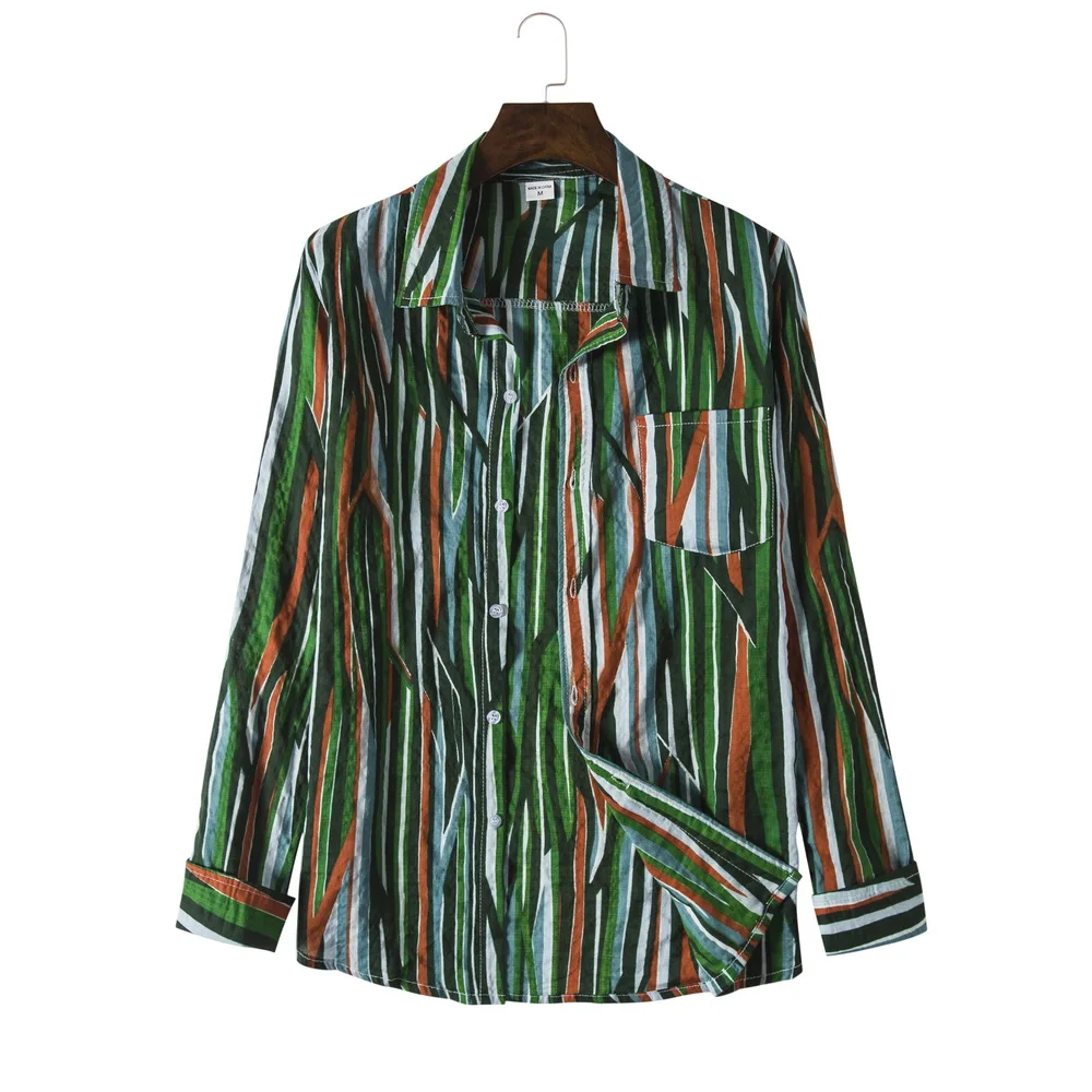 

2021 spring and autumn new men's contrast color striped cotton and linen color belt breathable long-sleeved shirt M-3XL