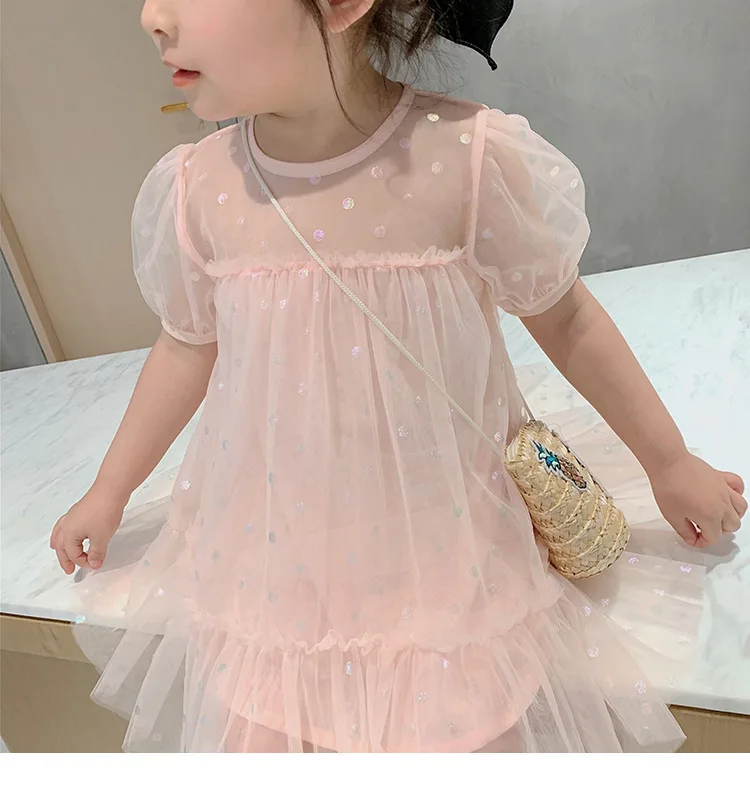 

Girls' Bubble Short Sleeve Dress Summer New Fashion Princess Dress Child Net Yarn Dress