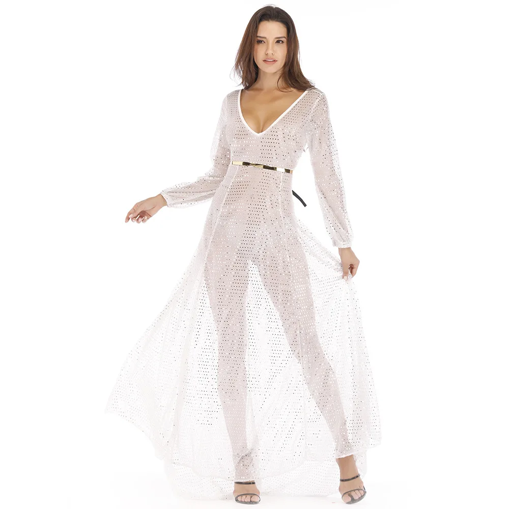 

t2020 hot style European and American women's sexy fashion new high-quality net yarn glittering long sexy nightclub dress women