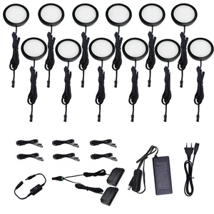 AIBOO, черная светодиодная круглая лампа для шкафа, 346812 дюйма, комплект для освещения столешницы, сенсорный диммер, переключатель для шкафа, кухни