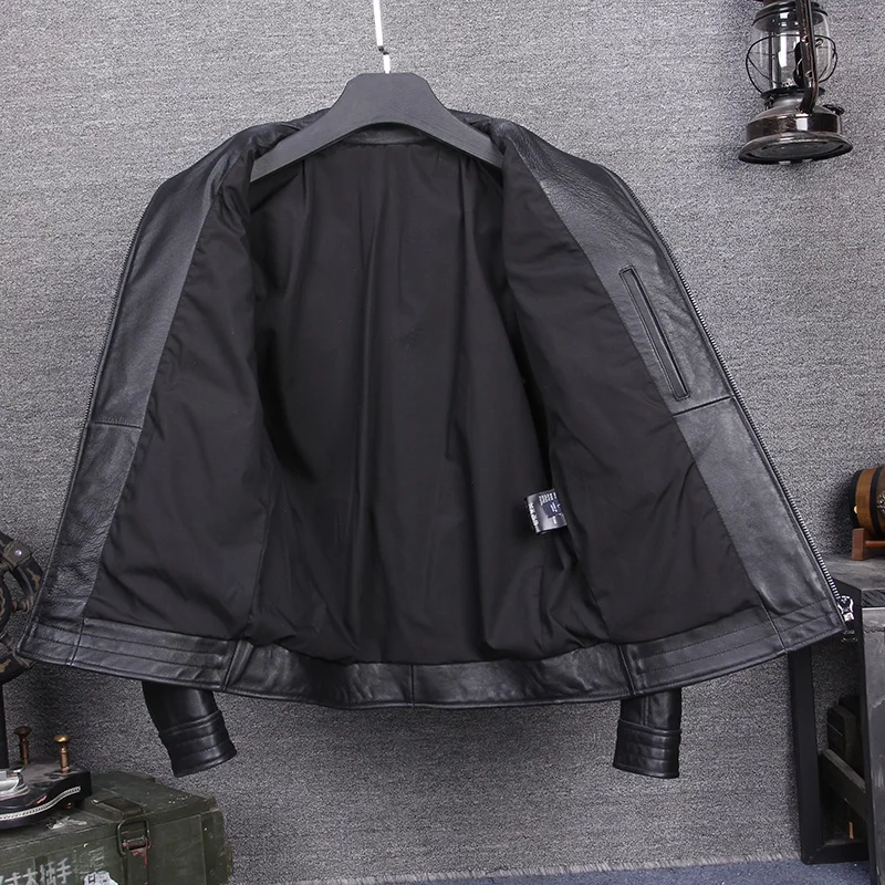 

2020 Black Men Short Motorcycle Jacket Plus Size XXXXL Genuine Sheepskin Autumn Slim Fit Biker's Leather Coat