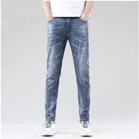 new cotton light blue middle aged household jeans straight stretch nine point pants for men clothing