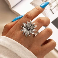 huatang vintage big flower single ring for women silver color alloy metal joint midi ring charming weddings jewelry gift