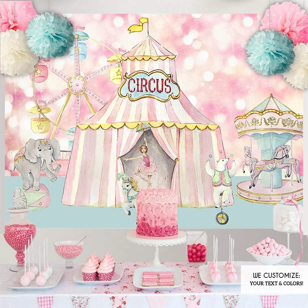 Pastel Pink Circus Carnival Carousel Big Tent Girls Baby Shower 1st Birthday Party Banner Decorations Dessert Candy Cake Table | Дом и сад