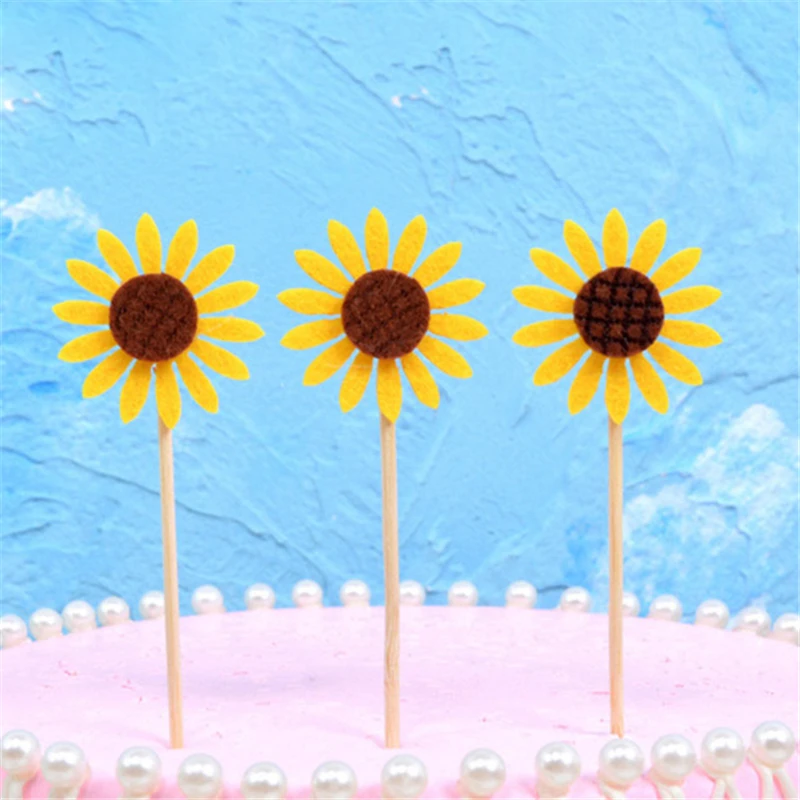 С Днем Рождения цветок торт Топпер для десерта золотой блеск Подсолнух флаг