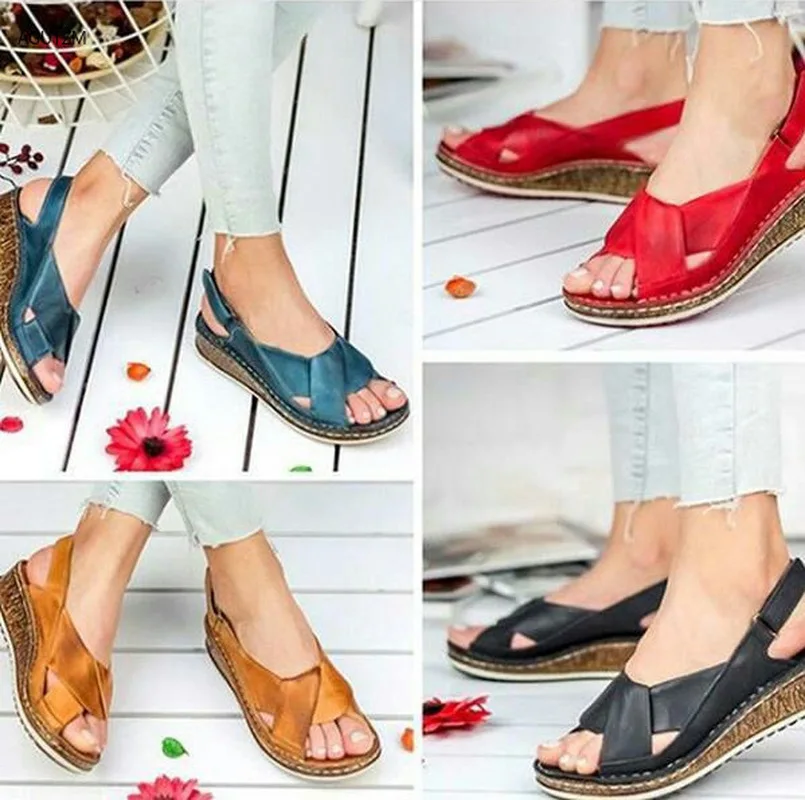 

AGUTZM Women Sandals Summer 2020 Female Shoes Woman Peep-toe Wedge Comfortable Sandals Slip-on Flat Sandals Female Sandalias h59