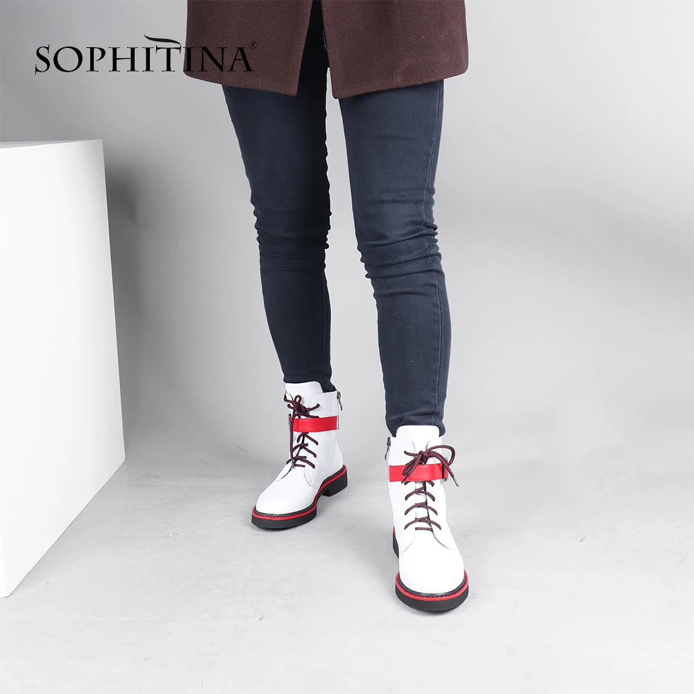 Harga SOPHITINA Fashion Pita Merah Sepatu Kulit Sapi Berkualitas Tinggi Gesper Renda Round Toe Wanita Sepatu Baru Buatan Tangan Semata Kaki SC659