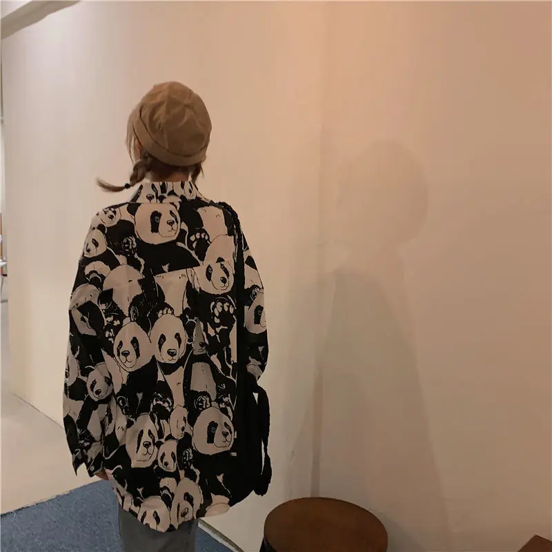 

Harajuku Shirt Women Panda Print Shirt Long Sleeve Top Haut Printemps Femme 2021 Tomboy Style Animal Kawaii Blouses Femme