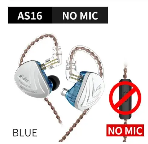 BLUE NO MIC KZ AS16 8BA наушники-вкладыши, гарнитура с сбалансированным арматурным покрытием, высокое качество звука, монитор, HiFi наушники KZ AS12 AS10 BA10 AS06 C16 C12 - Цвет: BLUE NO MIC