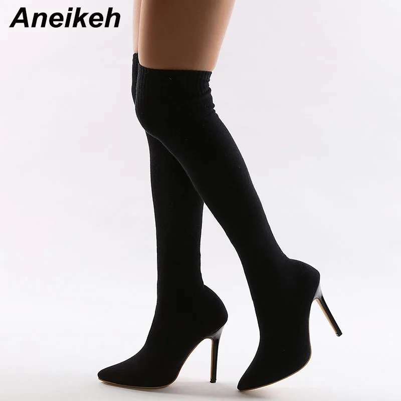 

Сексуальные Прошитые женские осенние сапоги Aneikeh из флока на тонком каблуке 2022, модные свадебные лаконичные туфли до колена с острым носком,...