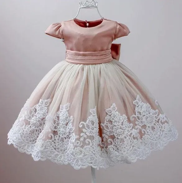 Pink Baby Girl Gowns White Lace Children Flower Girl Dress Baby Infant Girls First Birthday Dress 6M 9M 12M 18M