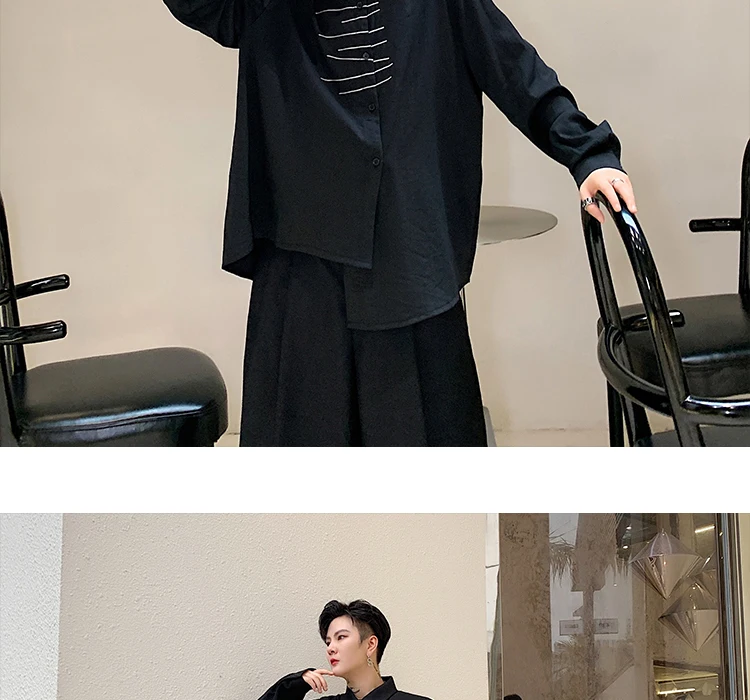 Men Long Sleeve Embroidery Irregular Casual Black White Shirt Male Streetwear Hip Hop Gothic Japan Dress Shirt