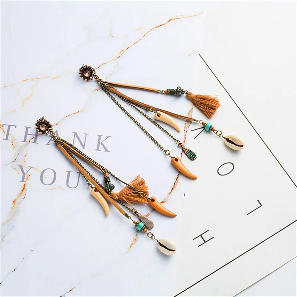 Женские богемные серьги в стиле бохо длинные кисточки с бусинами и бахромой