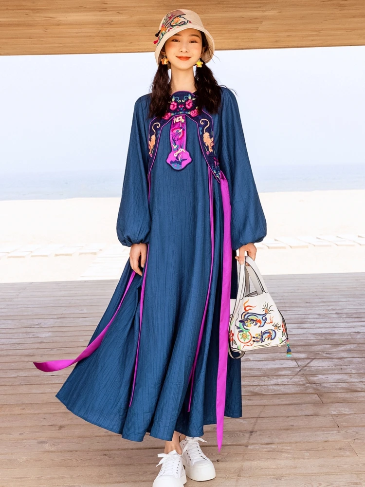 

Free Shipping 2021 New Fashion Long Maxi Dress Women Full Sleeve Dresses Chinese Style Detachable Embroidery S-XL Blue Autumn