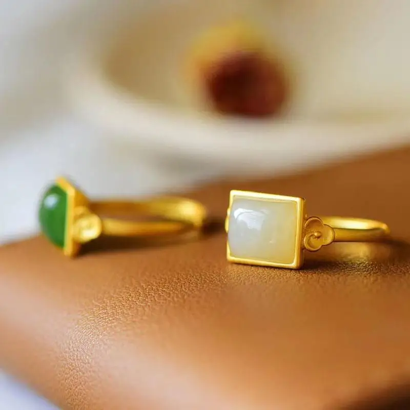

Inlaid Hetian Jade Green Jade Square S925 Sterling Silver Ring Ancient Gold Craft Simple Fashion Vintage Silver Jewelry Ring