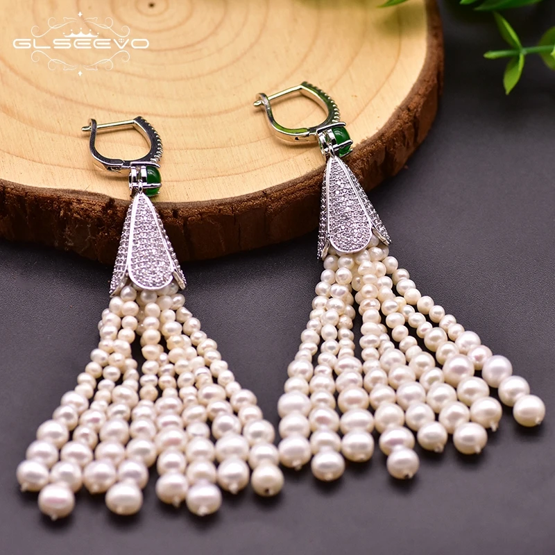 

GLSEEVO Handmade Freshwater Pearl Long Tassel Pendant Earrings Women's Girl Wedding Bohemian 925 Silver Luxury Jewelry GE0924