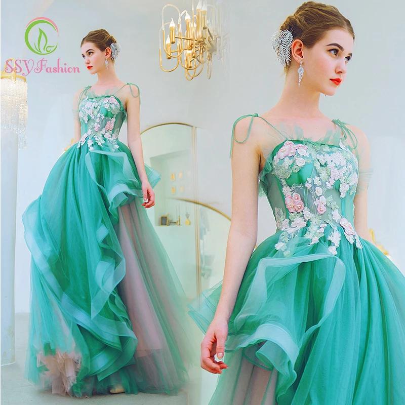 SSYfashion ремень без рукавов длиной до пола с аппликацией длинное необычное зеленое