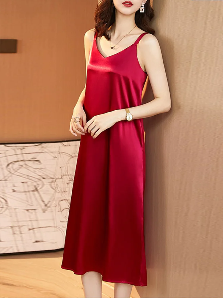 

Plus Size Satin Sexy Vests Slip Sundress Imitation Silk Dress Mid-Length Skirt Korean Fashion Casual Dresses For Women 2021 4XL
