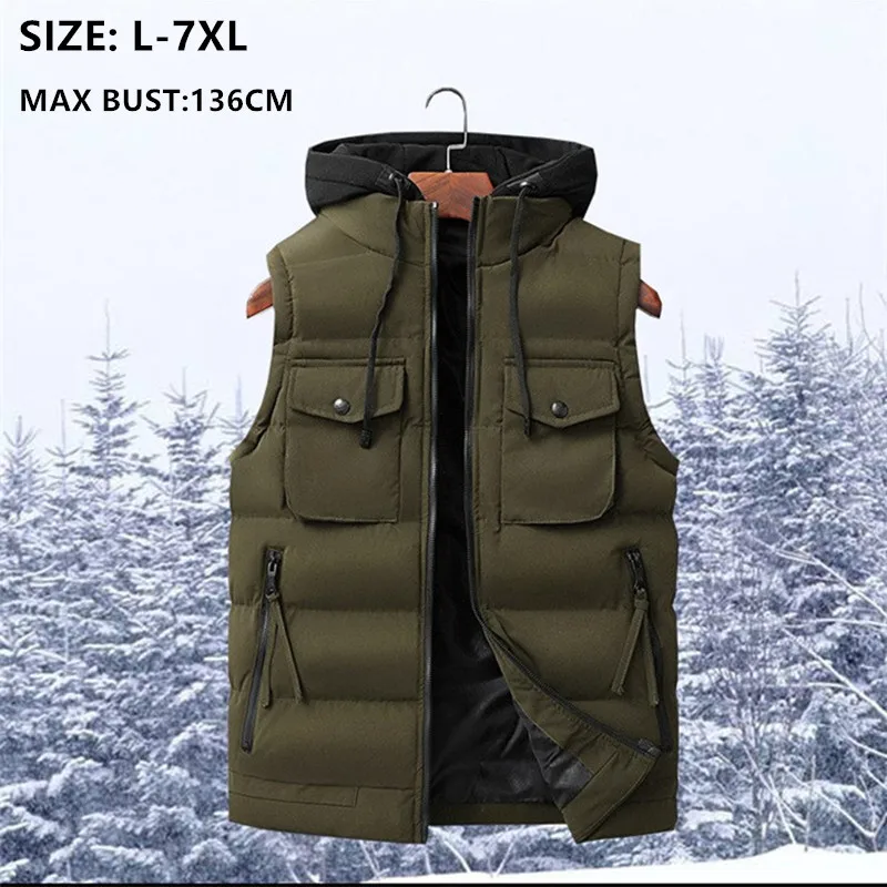 Мужская жилетка без рукавов с капюшоном зимняя Colete Masculino куртка 5XL 6XL 7XL теплая