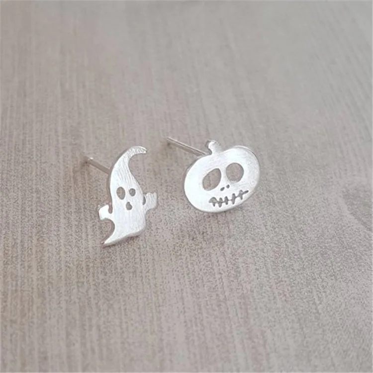 

925 Sterling Silver Piercing Halloween Pumpkin Ghosts Asymmetrical Stud Earring For Women Jewelry pendientes Oorbellen eh558