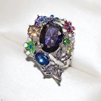 luxury big rainbow flower ring for women boho promise engagement female rings for wedding fashion jewelry