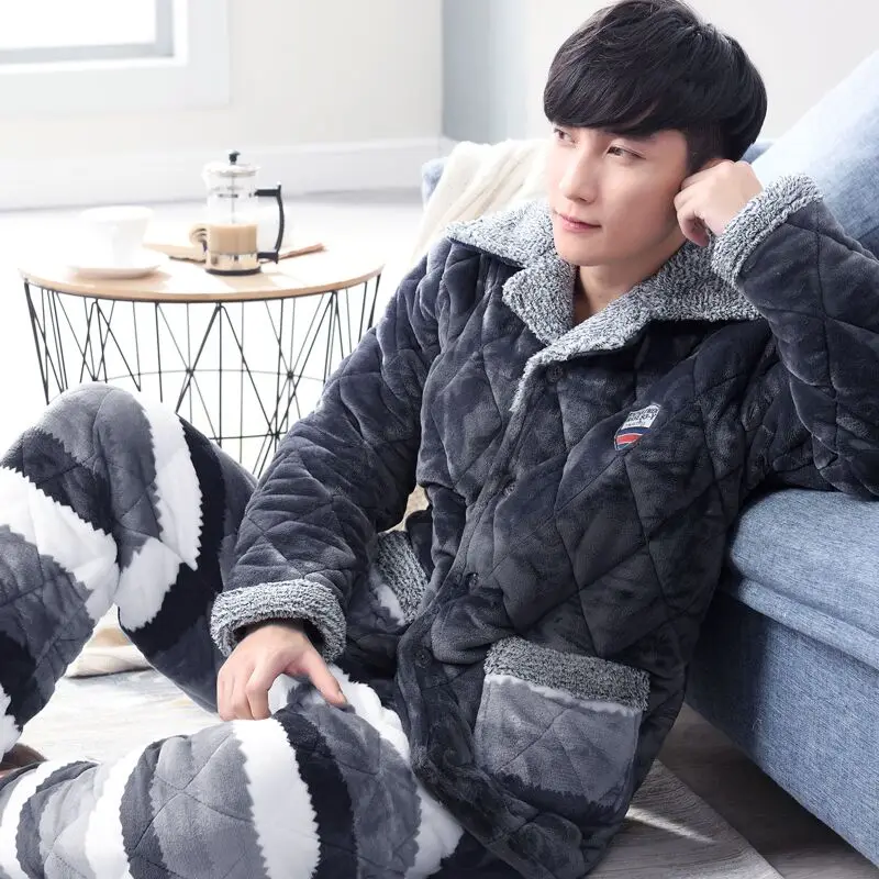 Korean Flannel Winter Pajamas Men Velvet Fashion Teenager Pajamas Gauze Winter Thick Homewear Pijama Masculino Underwear Eg50sy