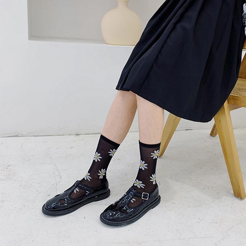 Тонкие носки в японском стиле с цветами женские длинные ромашками Повседневные
