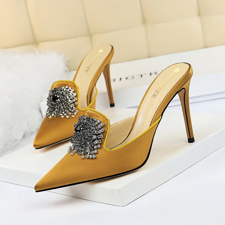 

New Sexy Banquet Women's Stiletto High Heel Pointed Satin Toe Cap Drag Rhinestone Buckle Female Slippers Pumps Wedding Shoes