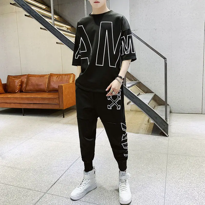 

2021 Casual Men's Summer Sports Hip Hop Fashion Hong Kong Style Loose Increase Fat T-Shirt Pants Super Fire Suit