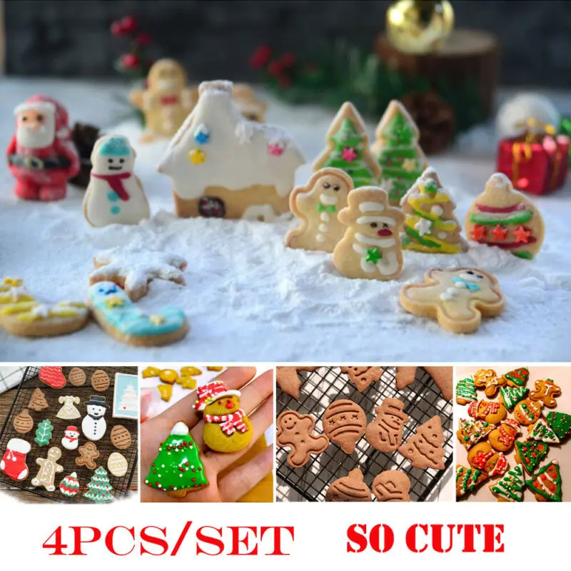 New 4Pcs Christmas Cookie Biscuit Plunger Cutter Mould Fondant Cake Mold Bake kit UK | Baking &amp Pastry Tools