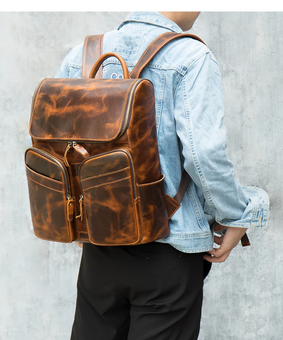 

men's backpack, multi-functional Leather Men's backpack, retro men's laptop backpack, 15.6 inch men's backpack
