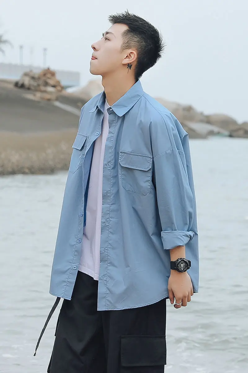 

2020 Spring And Autumn New Youth Popular Solid Color Drop Shoulder Sleeve Long Sleeve Shirt Fashion Casual Wild Loose Shirt